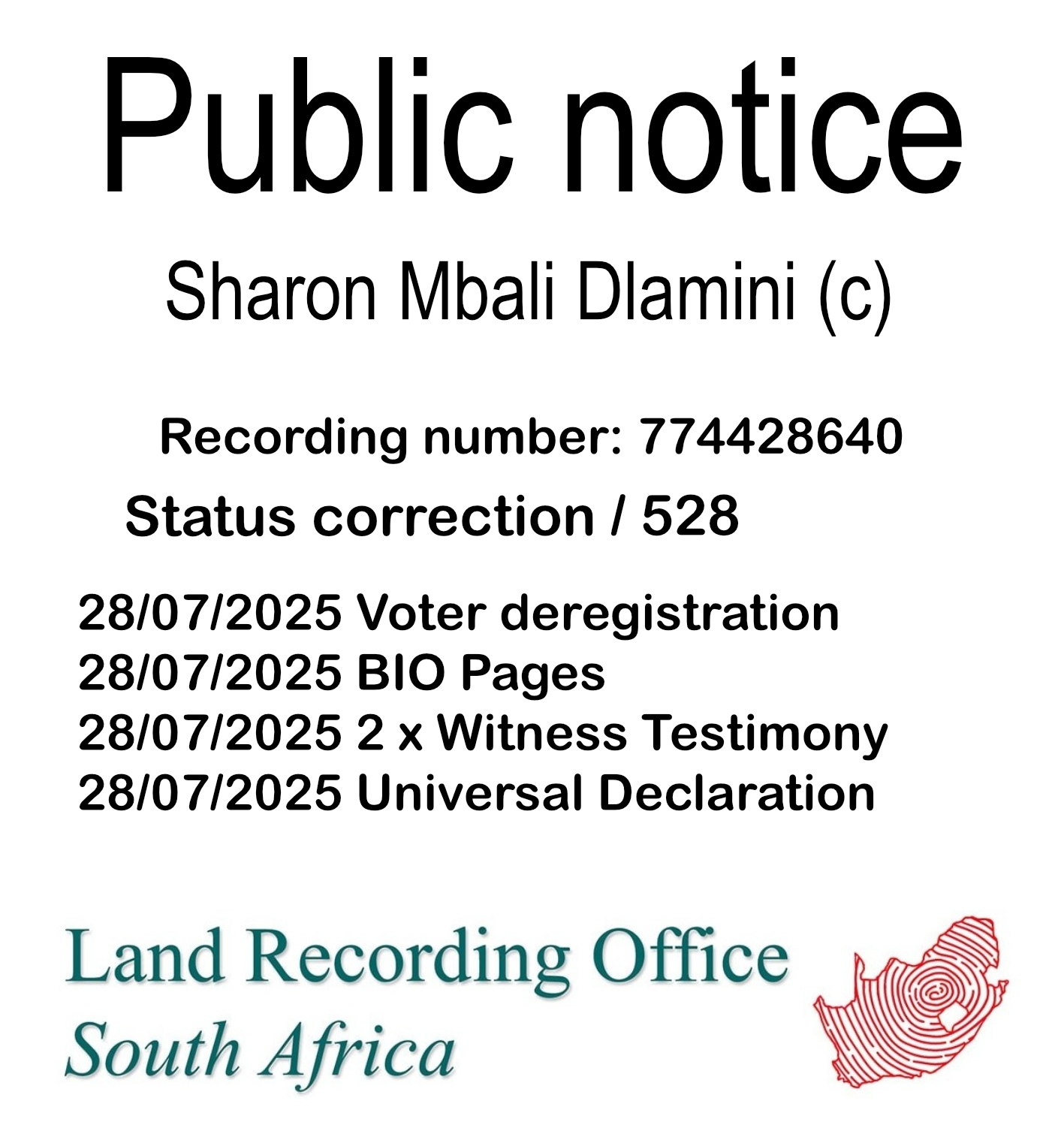 Public notice Sharon Mbali Dlamini (c) Recording number 774428640